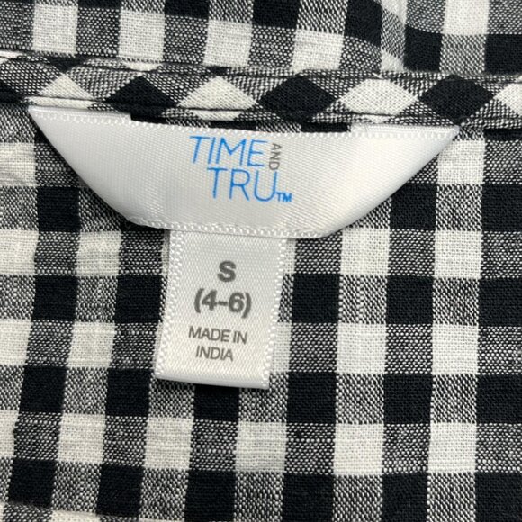 Time & Tru Women’s Black White Gingham Bell Sleeve Cotton Blouse Size Small - Picture 2 of 6